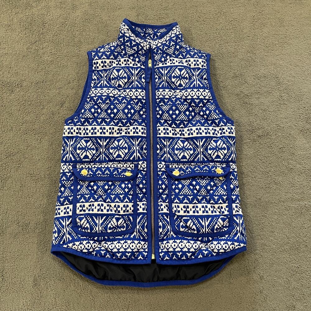 J.Crew Excursion Blue White Quilted Puffer Fair Isle Vest Women's Size 2XS